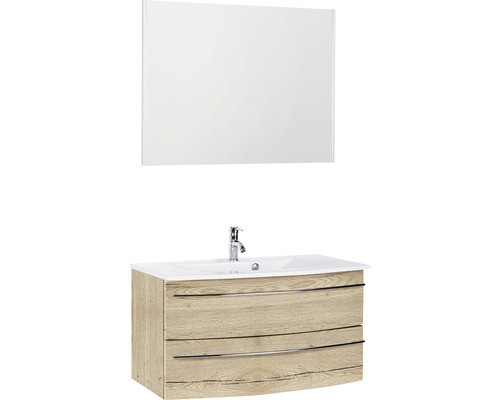 Ensemble de meubles de salle de bains Marlin 3040 couleur de façade chêne nature décor bois 3 pièces avec lavabo en céramique blanc lxhxp 91 x 198,2 x 51 cm avec miroir