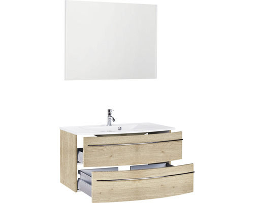 Ensemble de salle de bains avec meuble sous-lavabo à deux tiroirs et miroir
