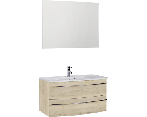 Ensemble de meubles de salle de bains Marlin 3040 couleur de façade chêne blanc décor bois 3 pièces avec lavabo en céramique blanc lxhxp 91 x 198,2 x 51 cm avec miroir