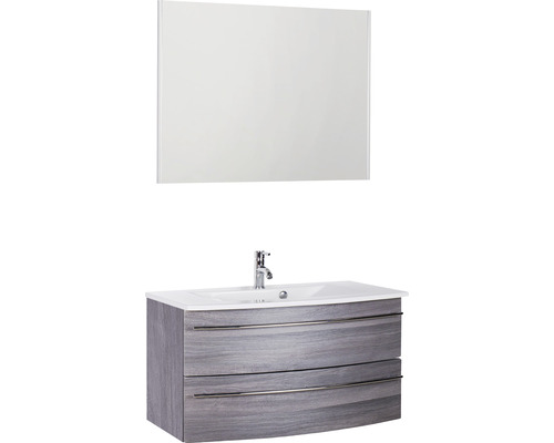 Ensemble de meubles de salle de bains Marlin 3040 couleur de façade châtaignier graphite décor bois 3 pièces avec lavabo en céramique blanc lxhxp 91 x 198,2 x 51 cm avec miroir