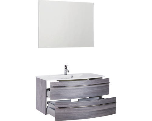 Waschtischkombination mit geöffneten Schubladen und Spiegel