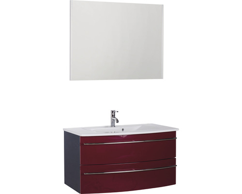 Ensemble de meubles de salle de bains Marlin 3040 couleur de façade rouge brillant 3 pièces avec lavabo en céramique blanc lxhxp 91 x 198,2 x 51 cm avec miroir