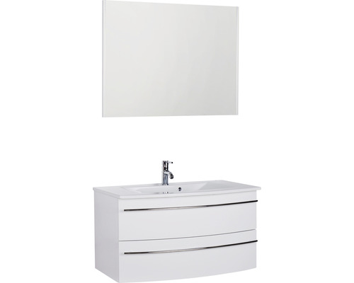 Ensemble de meubles de salle de bains Marlin 3040 couleur de façade blanc haute brillance 3 pièces avec lavabo en céramique blanc lxhxp 91 x 198,2 x 51 cm avec miroir