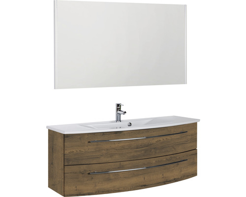 Ensemble de meubles de salle de bains Marlin 3040 couleur de façade chêne marron décor bois 3 pièces avec lavabo en céramique blanc lxhxp 121 x 198,2 x 51 cm avec miroir