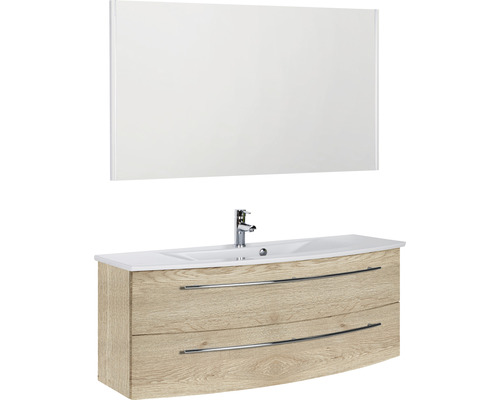 Ensemble de meubles de salle de bains Marlin 3040 couleur de façade chêne nature décor bois 3 pièces avec lavabo en céramique blanc lxhxp 121 x 198,2 x 51 cm avec miroir