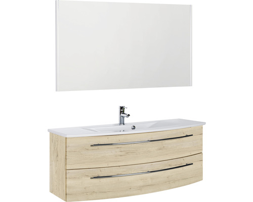 Ensemble de meubles de salle de bains Marlin 3040 couleur de façade chêne blanc décor bois 3 pièces avec lavabo en céramique blanc lxhxp 121 x 198,2 x 51 cm avec miroir