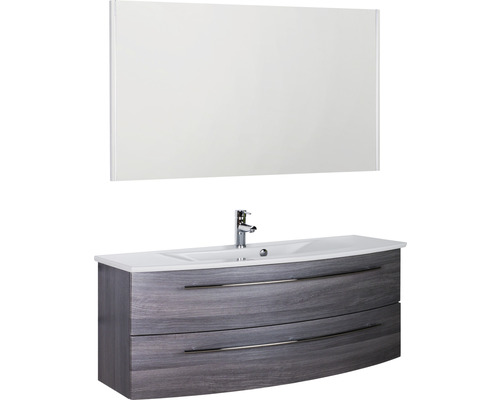 Ensemble de meubles de salle de bains Marlin 3040 couleur de façade châtaignier graphite décor bois 3 pièces avec lavabo en céramique blanc lxhxp 121 x 198,2 x 51 cm avec miroir