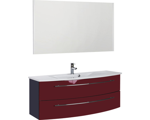 Ensemble de meubles de salle de bains Marlin 3040 couleur de façade rouge brillant 3 pièces avec lavabo en céramique blanc lxhxp 121 x 198,2 x 51 cm avec miroir