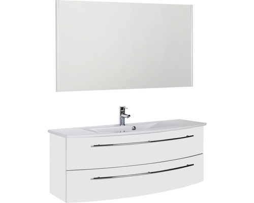 Ensemble de meubles de salle de bains Marlin 3040 couleur de façade blanc haute brillance 3 pièces avec lavabo en céramique blanc lxhxp 121 x 198,2 x 51 cm avec miroir