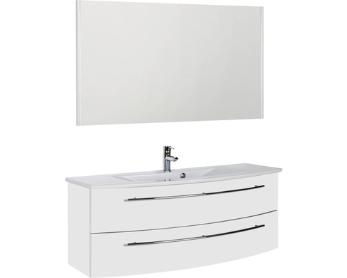 Badmöbel-Set Marlin 3040 Frontfarbe weiss hochglanz 3-teilig mit Keramik-Waschtisch weiss BxHxT 121 x 198,2 x 51 cm mit Spiegel Badmöbel-Set Marlin 3040 Frontfarbe weiss hochglanz 3-teilig mit Keramik-Waschtisch weiss BxHxT 121 x 198,2 x 51 cm mit Spiegel