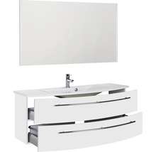 Meuble-lavabo avec deux tiroirs ouverts, lavabo, robinet et miroir