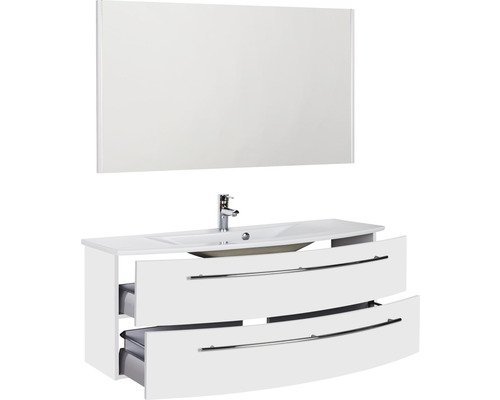 Meuble-lavabo avec deux tiroirs ouverts, lavabo, robinet et miroir