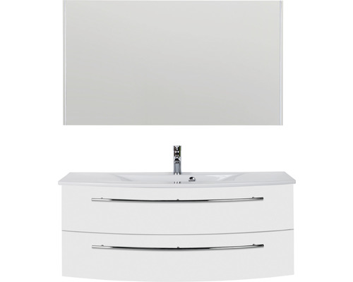 Meuble-lavabo avec deux tiroirs, lavabo, robinetterie et miroir pour la salle de bain