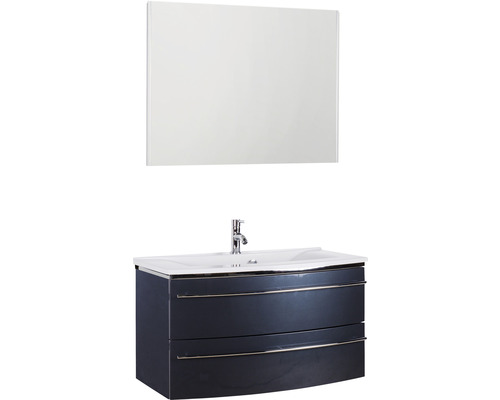 Ensemble de meubles de salle de bains Marlin 3040 couleur de façade anthracite brillant 3 pièces avec lavabo en marbre minéral blanc lxhxp 92,4 x 198,2 x 48 cm avec miroir