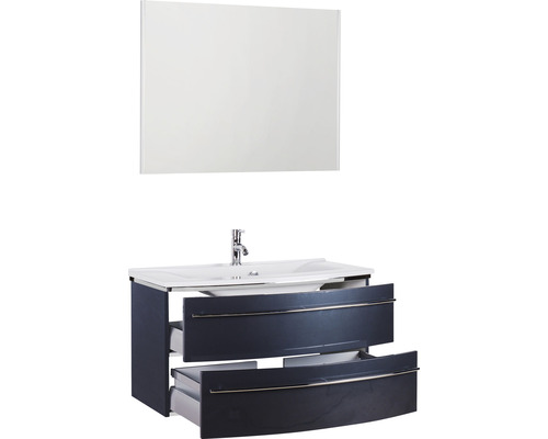Waschbeckenunterschrank mit offenem Schubfach und rechteckigem Spiegel