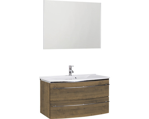 Ensemble de meubles de salle de bains Marlin 3040 couleur de façade chêne marron décor bois 3 pièces avec lavabo en marbre minéral blanc lxhxp 92,4 x 198,2 x 48 cm avec miroir
