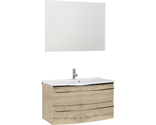 Ensemble de meubles de salle de bains Marlin 3040 couleur de façade chêne nature décor bois 3 pièces avec lavabo en marbre minéral blanc lxhxp 92,4 x 198,2 x 48 cm avec miroir