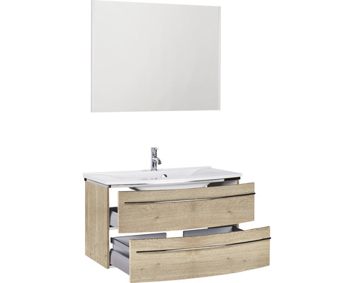 Waschtischunterschrank mit geöffneten Schubladen und Spiegel für das Badezimmer