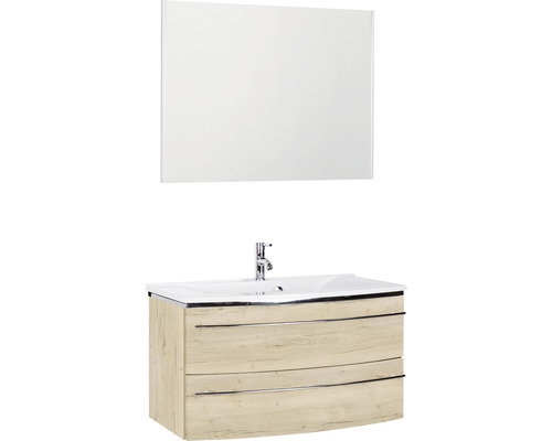 Ensemble de meubles de salle de bains Marlin 3040 couleur de façade chêne blanc décor bois 3 pièces avec lavabo en marbre minéral blanc lxhxp 92,4 x 198,2 x 48 cm avec miroir