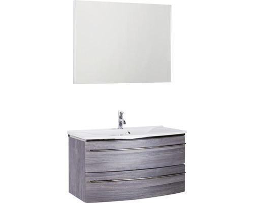 Ensemble de meubles de salle de bains Marlin 3040 couleur de façade châtaignier graphite décor bois 3 pièces avec lavabo en marbre minéral blanc lxhxp 92,4 x 198,2 x 48 cm avec miroir