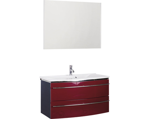 Ensemble de meubles de salle de bains 3040 couleur de façade rouge brillant 3 pièces avec lavabo en marbre minéral granit blanc lxhxp 92,4 x 198,2 x 48 cm avec miroir