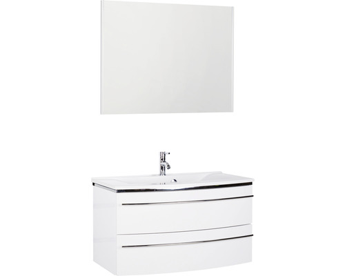 Ensemble de meubles de salle de bains Marlin 3040 couleur de façade blanc haute brillance 3 pièces avec lavabo en marbre minéral blanc lxhxp 92,4 x 198,2 x 48 cm avec miroir