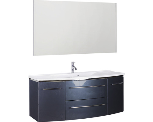 Ensemble de meubles de salle de bains Marlin 3040 couleur de façade anthracite brillant 3 pièces avec lavabo en marbre minéral blanc lxhxp 122,4 x 198,2 x 48 cm avec miroir