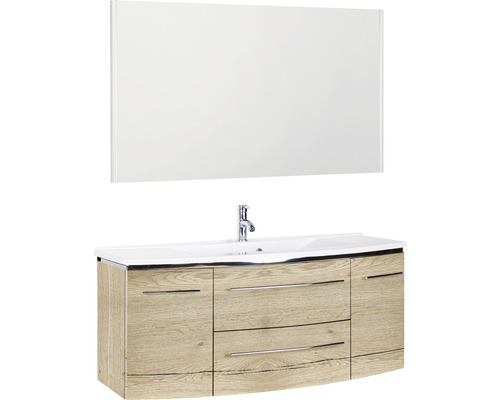 Ensemble de meubles de salle de bains Marlin 3040 couleur de façade chêne nature décor bois 3 pièces avec lavabo en marbre minéral blanc lxhxp 122,4 x 198,2 x 48 cm avec miroir