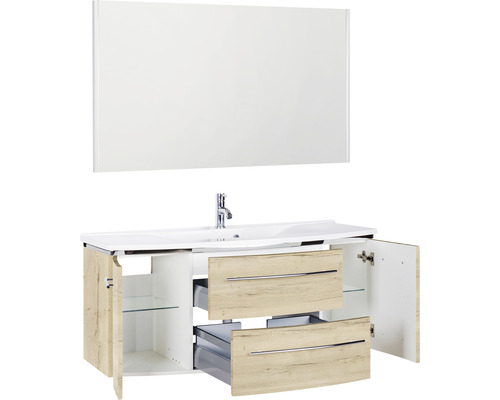 Meuble-lavabo avec miroir, ouvert, avec tiroirs et compartiments de rangement pour la salle de bains