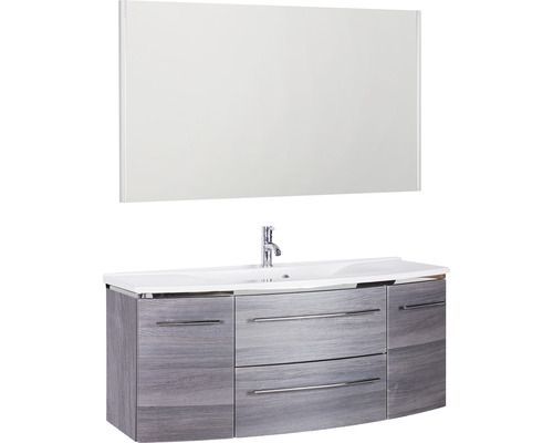 Ensemble de meubles de salle de bains Marlin 3040 couleur de façade châtaignier graphite décor bois 3 pièces avec lavabo en marbre minéral blanc lxhxp 122,4 x 198,2 x 48 cm avec miroir