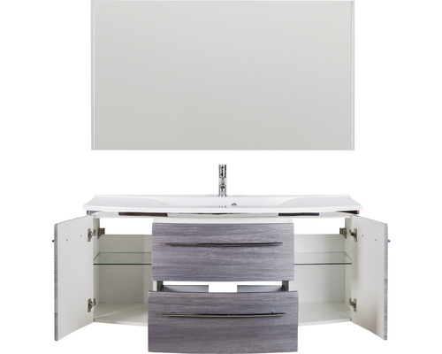 Waschtischkombination mit Spiegel, Waschbecken, Schubladen und offenem Schrank