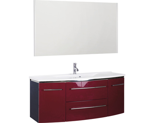 Ensemble de meubles de salle de bains 3040 couleur de façade rouge brillant 3 pièces avec lavabo en marbre minéral granit blanc lxhxp 122,4 x 198,2 x 48 cm avec miroir