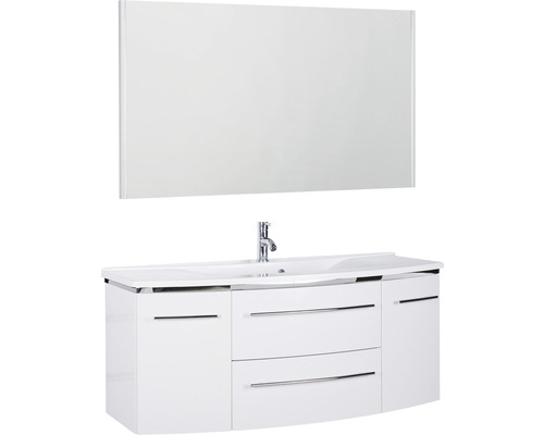 Ensemble de meubles de salle de bains Marlin 3040 couleur de façade blanc haute brillance 3 pièces avec lavabo en marbre minéral blanc lxhxp 122,4 x 198,2 x 48 cm avec miroir