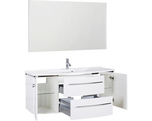Meuble-lavabo blanc avec miroir, lavabo, deux tiroirs et deux portes