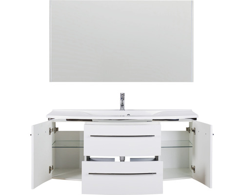 Meuble sous-vasque blanc avec miroir et placard ouvert