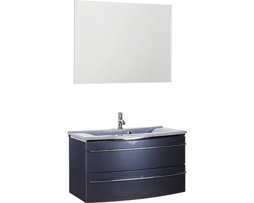 Ensemble de meubles de salle de bains 3040 couleur de façade anthracite brillant 3 pièces avec lavabo en marbre minéral granit gris lxhxp 92,4 x 198,2 x 48 cm avec miroir