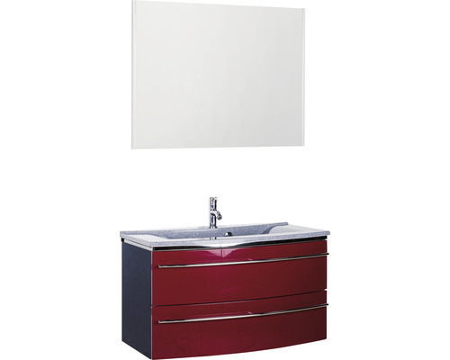Badmöbel-Set Marlin 3040 Frontfarbe rot glanz 3-teilig mit Mineralmarmor-Waschtisch granit grau BxHxT 92,4 x 198,2 x 48 cm mit Spiegel
