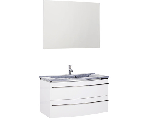 Ensemble de meubles de salle de bains Marlin 3040 couleur de façade blanc haute brillance 3 pièces avec lavabo en marbre minéral granit gris lxhxp 92,4 x 198,2 x 48 cm avec miroir