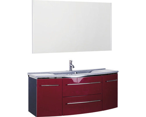 Ensemble de meubles de salle de bains 3040 couleur de façade rouge brillant 3 pièces avec lavabo en marbre minéral granit gris lxhxp 122 x 198,2 x 48 cm avec miroir
