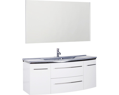 Ensemble de meubles de salle de bains Marlin 3040 couleur de façade blanc haute brillance 3 pièces avec lavabo en marbre minéral granit gris lxhxp 122 x 198,2 x 48 cm avec miroir