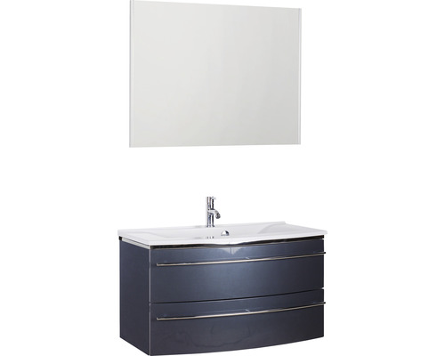 Ensemble de meubles de salle de bains 3040 couleur de façade anthracite brillant 3 pièces avec lavabo en marbre minéral granit blanc lxhxp 92,4 x 198,2 x 48 cm avec miroir