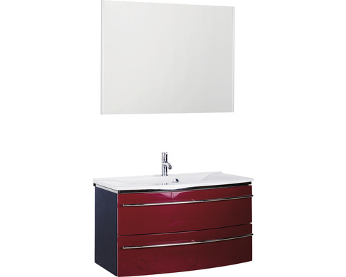 Ensemble de meubles de salle de bains 3040 couleur de façade rouge brillant 3 pièces avec lavabo en marbre minéral granit blanc lxhxp 92,4 x 198,2 x 48 cm avec miroir