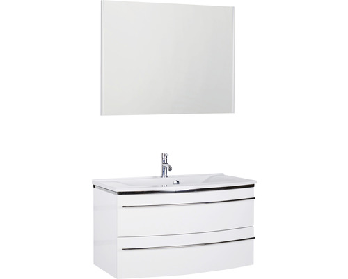 Ensemble de meubles de salle de bains Marlin 3040 couleur de façade blanc haute brillance 3 pièces avec lavabo en marbre minéral granit blanc lxhxp 92,4 x 198,2 x 48 cm avec miroir