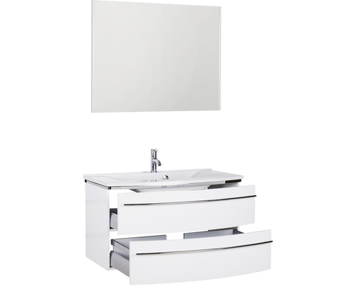 Meuble sous-lavabo blanc avec tiroir ouvert et miroir pour la salle de bains