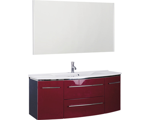 Ensemble de meubles de salle de bains 3040 couleur de façade rouge brillant 3 pièces avec lavabo en marbre minéral granit blanc lxhxp 122 x 198,2 x 48 cm avec miroir
