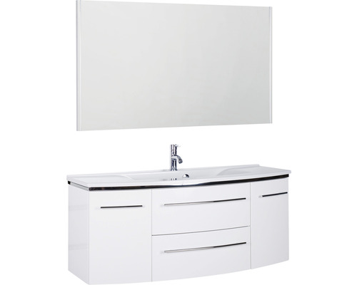 Ensemble de meubles de salle de bains Marlin 3040 couleur de façade blanc haute brillance 3 pièces avec lavabo en marbre minéral granit blanc lxhxp 122 x 198,2 x 48 cm avec miroir