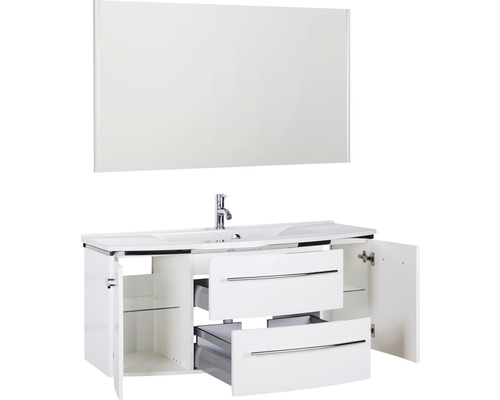 Weisser Waschtisch mit Spiegel, Becken, Armatur, Schubladen und Schrankfächern für das Badezimmer