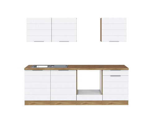 Cuisine linéaire avec évier, meubles bas et meubles hauts