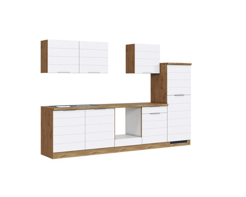 Küchenzeile mit Ober- und Unterschränken in Holzoptik und Weiss