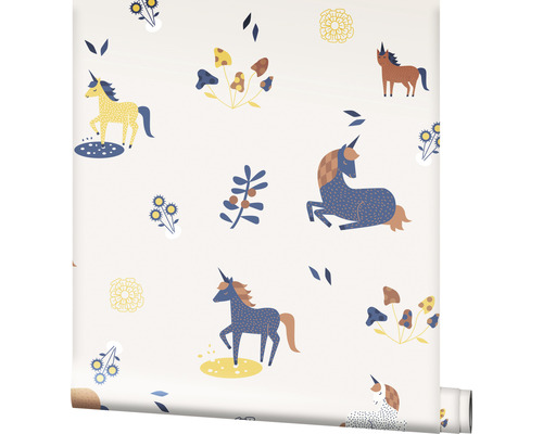 Papier peint avec motifs de licornes, de champignons et de plantes pour chambre d''enfant